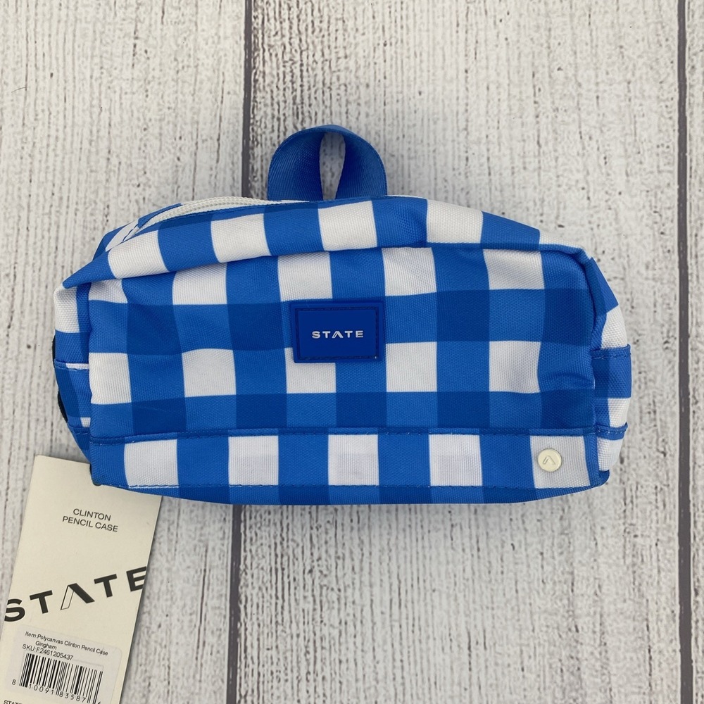 State Bags Clinton Pencil Case Blue Gingham Plaid Durable Pouch School Office
